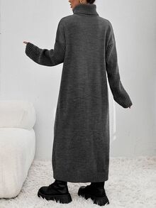 SHEIN فستان صوف طويل برقبة عالية وأكمام خفاشية للنساء مقاس طويل - رمادي غامق - مشاهدة 4