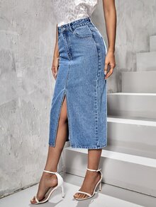SHEIN Essnce Plus Size Women's High Waist Fashion Versatile Split Hem Denim Mini Skirt - Blue - View 3