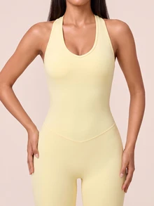 SHEIN BAE Women's Solid Color U-Neck Fashion Slim Fit Sports Jumpsuit - Butter Yellow - View 5