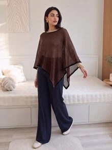 Solavon Women's Solid Color Asymmetric Contrast Trim Fashion Cover Up - Coffee Brown - View 9
