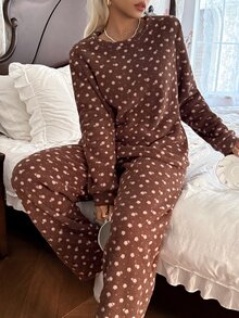 CottageSlumber Vintage Brown Ditsy Floral Home Set, Comfortable Soft Plush Round Neck Long Sleeve Pants 2 Pieces Set - Brown - View 9