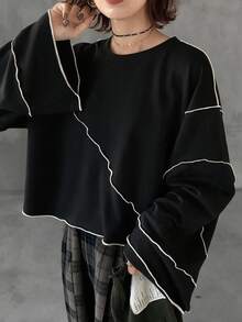 FRIFUL Women's Grey Loose Cropped Sweatshirt With Frill Trim, Spring Apparel - Black - View 6