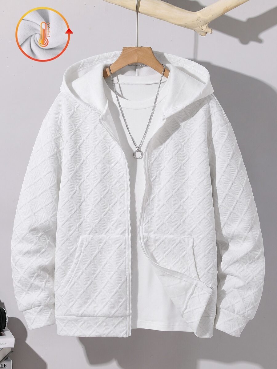 SHEIN Boy's Fashion Casual Versatile Streetwear Solid Color Diamond Knit Jacquard Hooded Long Sleeve Sweatshirt Autumn Jacket Boys - Multicolor - View 1