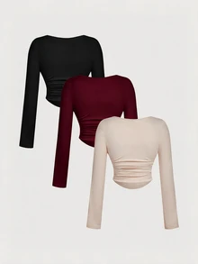 SHEIN MOD 3件大尺碼T恤 - 酒紅色 - 查看 2