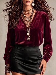 Linhara CURVE Plus Size Knitted Velvet Elegant V-Neck Fall Shirt - Red - View 1