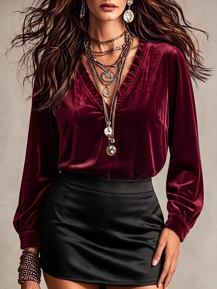 Linhara CURVE Plus Size Knitted Velvet Elegant V-Neck Fall Shirt - Red - View 1