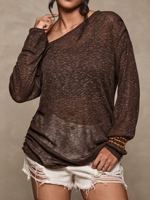 Freevana 大尺碼女款休閒度假露肩針織上衣 T-shirt，秋冬百搭必備單品 - 棕色 - 查看 5