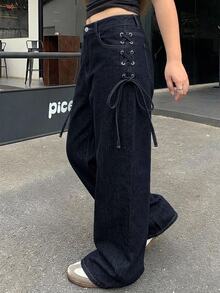 Dazy Plus Casual Washed Side Tie-Up Wide Leg Long Denim Pants For Girls, Spring/Autumn - Dark Wash - View 3