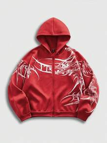 ROMWE MEN Goth Men's Red Zipper Placket Graphic Long Sleeve Hoodie - Red - View 3