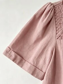 Balvessa 白色方領蕾絲拼接女款休閒襯衫 - 藕粉色 - 查看 5