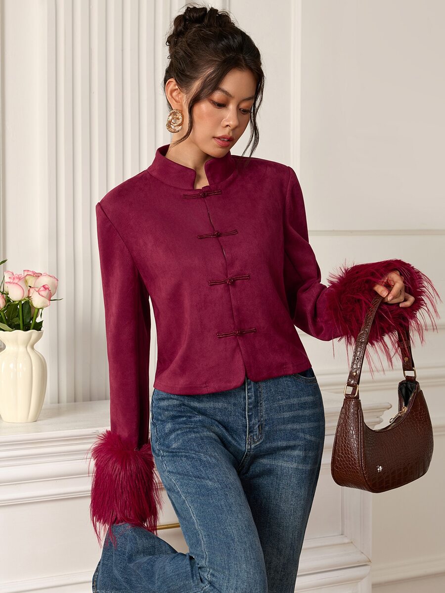EastFlair Women's Fashion Regular Jacket With Frog Button Front And Faux Fur Cuffs - Rose Red - View 1