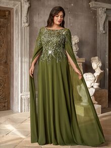 Aureia Plus Size Elegant Luxurious Beaded Embroidered Burnout Craft Floating Petal Ruched A-Line Heavy Work Evening Gown Suitable For All Formal Occasions - Green - View 6