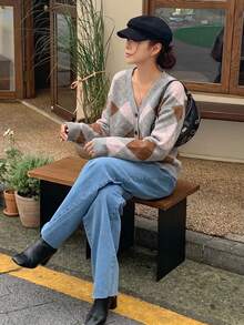 DAZY 女款鑽石格紋針織長袖單排扣休閒開襟衫 - 灰色 - 查看 5