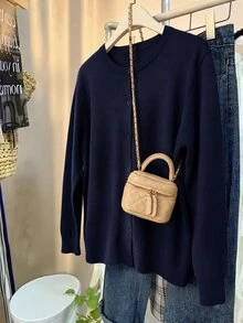 SHEIN CURVE+ Plain Casual Long Sleeve Plus Size Cardigan In Fall/Winter - Navy Blue - View 3