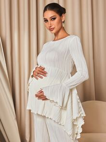 MaterniChic Round Neck Long Sleeve Asymmetrical Hem Ruffle Solid Color Maternity 2 Pieces Set - Apricot - View 6