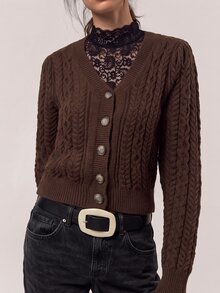Freevana Elegant V-Neck Twisted Rope Cable Knit Single-Breasted Cardigan - Coffee Brown - View 4