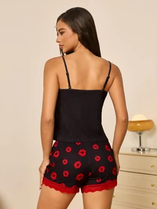 Betty Boop x SHEIN Women's Letter Cartoon Print Camisole Top And Shorts Pajama Set - Black - View 2