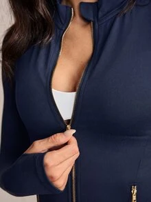 Activina Women's Solid Color Long Sleeve Zip-Up Slim Fit Sports Jacket - 藏蓝色 - 查看 3