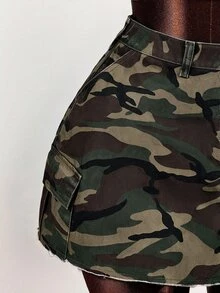 Mistrie Chân váy denim nữ thời trang đa năng họa tiết rằn ri, cài cúc, túi hộp, gấu sờn, màu xanh quân đội - xanh quân đội - Xem 6