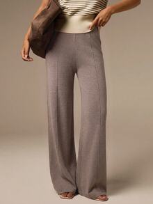 COSMINA Women's Knitted Wide Waist Straight Leg Pants, Casual Daily Wear, Mocha Color, Autumn/Winter - Khaki - View 5
