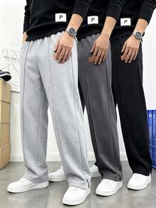 SHEIN 3件組青少年男孩休閒可愛日常舒適經典三色寬鬆直筒運動長褲套裝，買2送1，適合外出、學校、日常聚會，秋冬開學季 - 彩色 - 查看 4