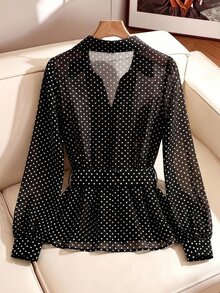 SHEIN Clasi 女款優雅波點印花長袖彼得潘領襯衫 - 黑與白 - 查看 2