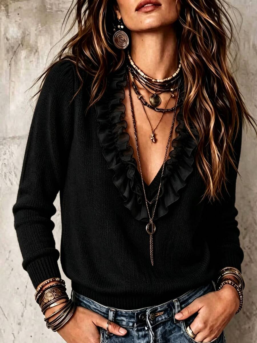 LUMIGAL Women's Solid Color Patchwork Ruffle V-Neck Long Sleeve Sweater - Black - View 1