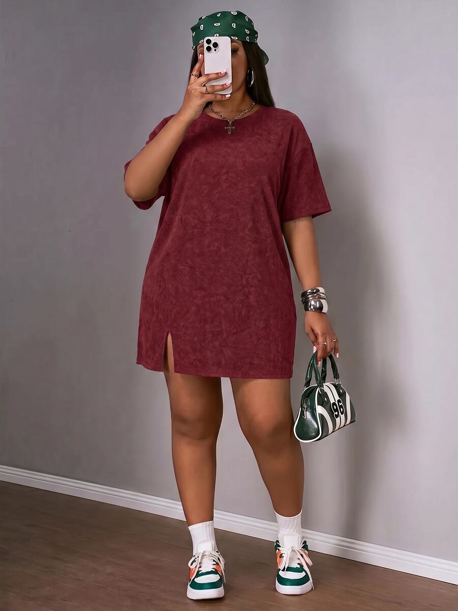 Slaydiva Plus Size Early Spring Vacation Casual Pink Side Slit Drop Shoulder Short Sleeve Dress - Red - View 1