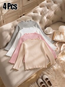 4pcs Baby/Toddler Autumn/Winter Cotton Ribbed Solid Color Ruffle Long Sleeve Tops, Cute T-Shirt Undershirts For Spring/Autumn, Versatile Fashion Tops - Multicolor - View 2
