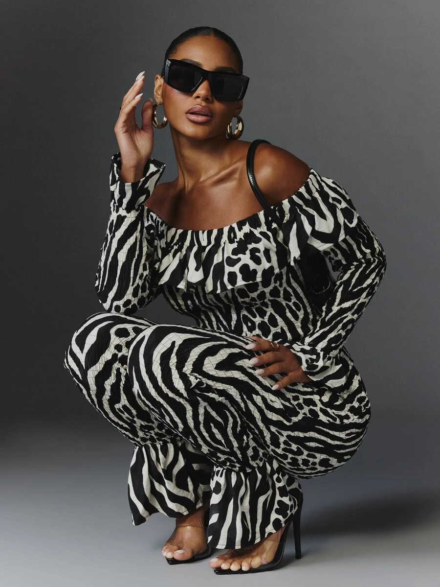 NYA SZN Matching Set Top & Pant Capri Animal Print Pattern Brunch Date ...
