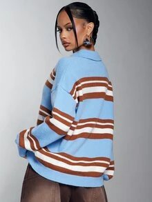 Denimoi American Retro Colorblock Striped Polo Collar Knit Sweater Women Loose Drop Shoulder Long Sleeve Pullover - Multicolor - View 5