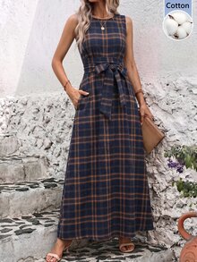 Editum 女款格紋圓領腰部繫帶口袋無袖優雅中長洋裝，休閒復古2000年代前襟鈕扣裙，秋季上班棕色格紋 - 彩色 - 查看 4