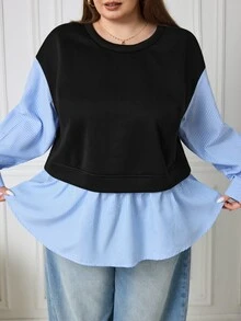 SHEIN CURVE+ Women's Plus Size Striped Patchwork 2 In 1 Shirt Sweatshirt, Casual Loose Fit Top For Autumn/Winter, Suitable For 5XL-8XL - Black - View 5