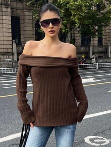 DAZY 秋冬咖啡色羅紋針織露肩翻領寬鬆慵懶性感街頭通勤女款毛衣 - 棕色 - 查看 3