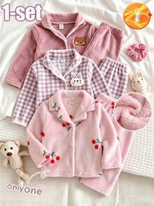 Cozy Pixies 女嬰針織櫻桃圖案人造毛領開襟衫與長褲2件套居家服，聖誕睡衣，秋季新款，秋冬穿著 - 粉色 - 查看 6