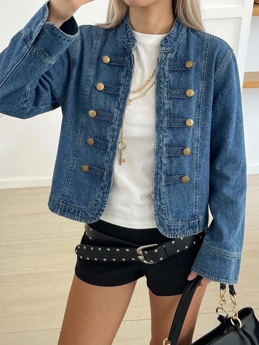 DAZY Women's Small Stand Collar Washed Button-Down Denim Jacket And Coat - Medium Wash - View 1