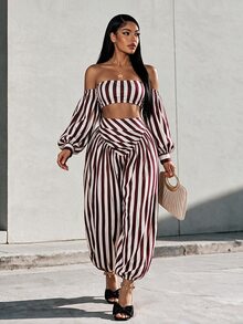 Eryvara Women's Brown Striped Pattern Cropped Tube Top And Loose Jogger Pants 2 Pieces Set, Suitable For Summer Tropical Vacation Wear. - Multicolor - View 3