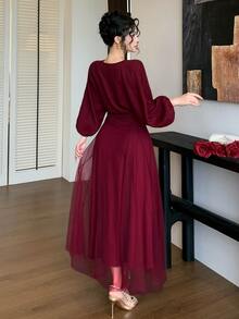 DAZY Women's Vintage Long V-Neck Mesh Dress - Burgundy - View 7