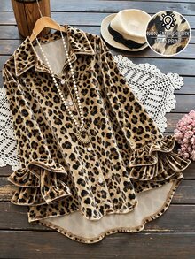Linhara Busana Wanita Ukuran Besar Musim Semi/Panas: Elegan, Kasual, Minimalis, dan Serbaguna, Blus Wanita Ukuran Besar Motif Leopard Vintage Acak Lengan Panjang Dua Lapis dengan Desain Manset Berkerut, Cocok untuk Pakaian Musim Semi/Panas - MultiWarna - View 3