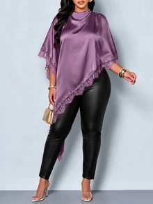 SOLERSUN Plus Size Women's Satin Lace Trim Asymmetric Blouse, Suitable For Dinner Parties And Shopping - Purple - View 6