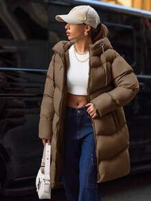 SHEIN Petite Size Solid Brown Color Zip Up Long Padded Coat With Hoodie Winter Coat To Keeping Warm - Brown - View 1