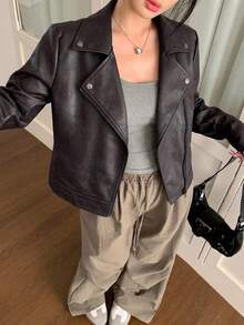 DAZY Women's Autumn Deep Brown Leather PU Short Slim Fit Casual Street Style Commuter Jacket With Turn-Down Collar And Long Sleeves Winter - Brown - View 2