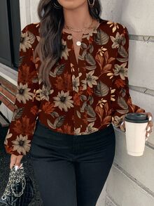 EMERY ROSE Plus Size Elegant Simple Lantern Sleeve Keyhole Neck Blouse, Autumn - Multicolor - View 1