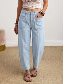 SHEIN CURVE+ Plus Size Women's Striped Pattern Pocket Design Button Straight Leg Casual Jeans - Blue - View 3