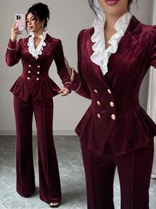 SHEIN Elenzya Women's Colorblock Pleated Long Sleeve Jacket And Pants Suit Set - Red - View 1