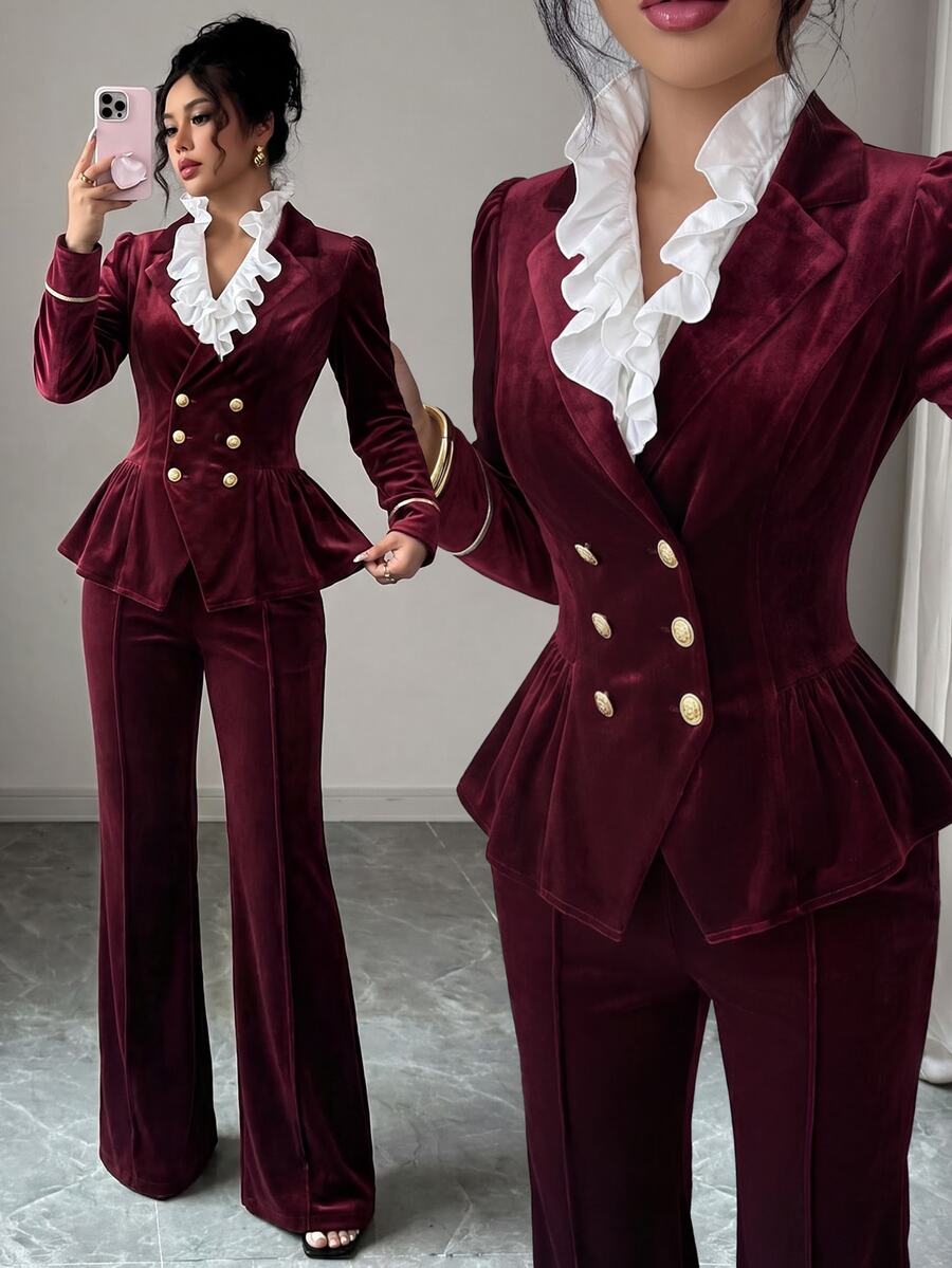 SHEIN Elenzya Women's Colorblock Pleated Long Sleeve Jacket And Pants Suit Set - Red - View 1