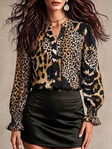 Linhara CURVE Plus Size Women's Leopard Print Notch V-Neck Long Sleeve Fashion Blouse - Brown - View 4