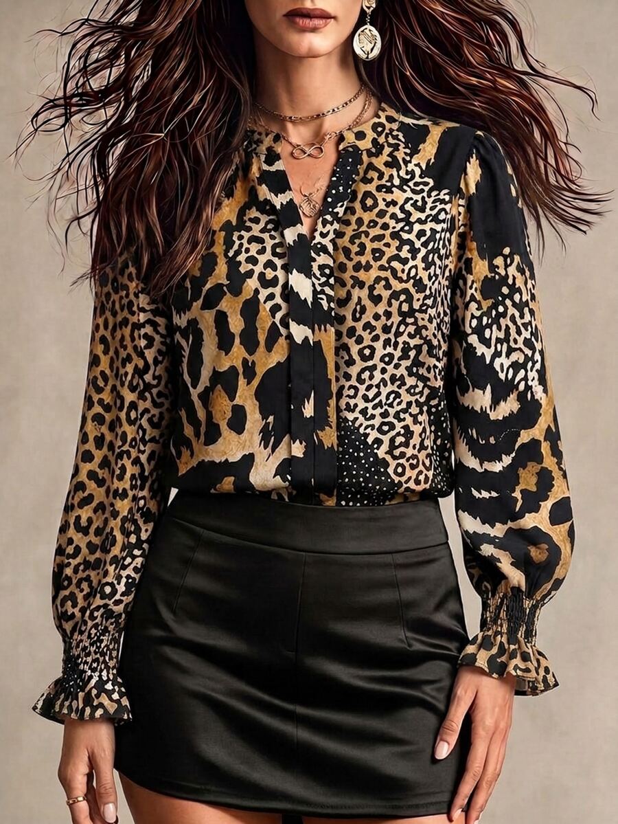 Linhara CURVE Blus Fashion Lengan Panjang Leher V Berpotongan Lekukan Motif Leopard untuk Wanita Ukuran Plus - Coklat - View 1