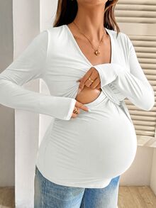 SHEIN Maternity Solid Color Overlap V-Neck Long Sleeve Tie-Front Minimalist Nursing Top - White - View 3