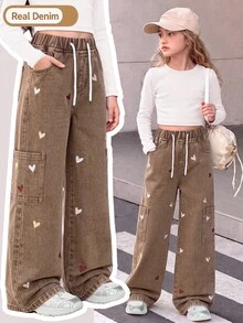SHEIN TweenGirlsHeart Embroidered Wide Leg Jeans Elastic Waist Cargo Denim Pants Casual Loose Fit Trousers - Coffee Brown - View 3